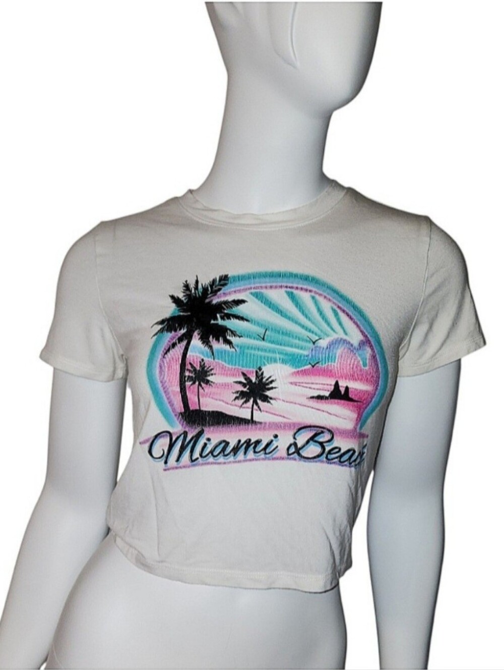 Forever 21 White Crop Tee with Pink & Teal Miami Beach Graphic Size S